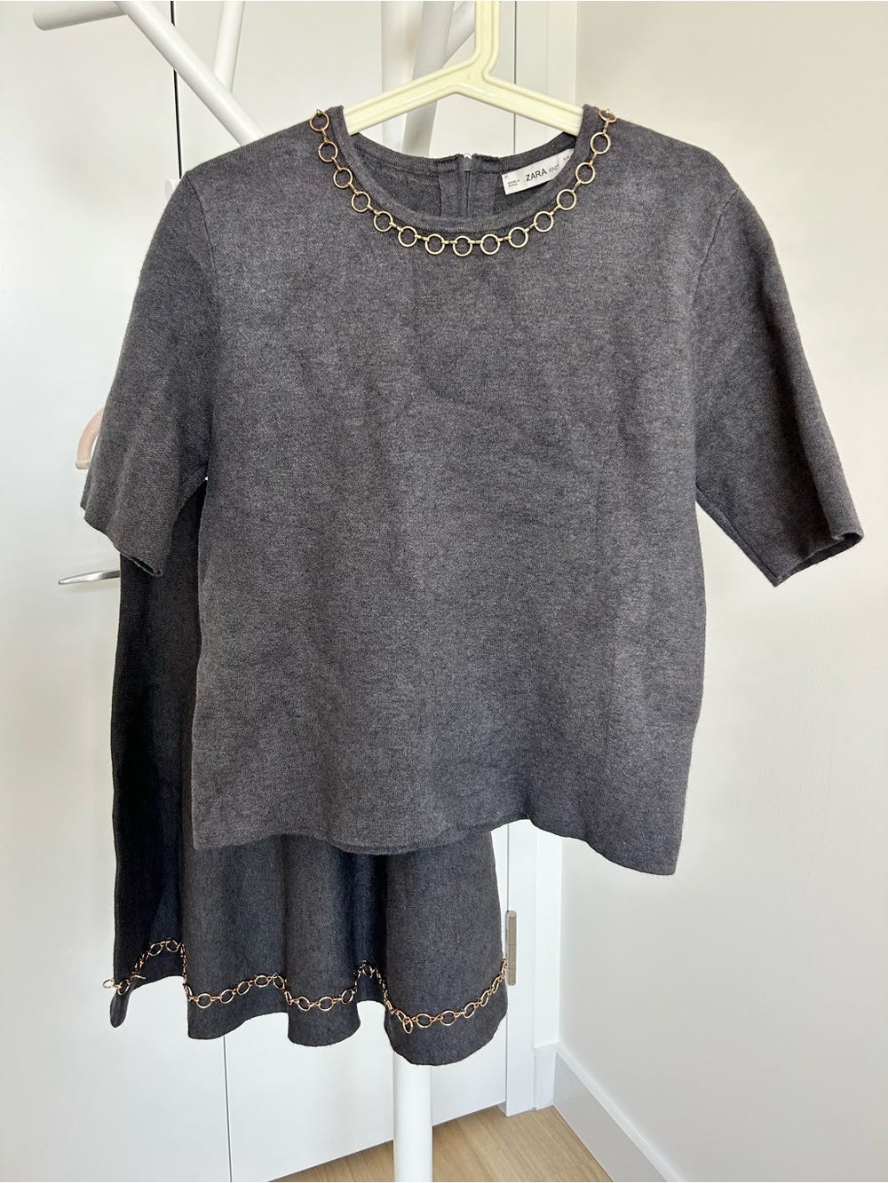 Zara Gray Knit Top and Skirt Co-ord set with Chain Detail